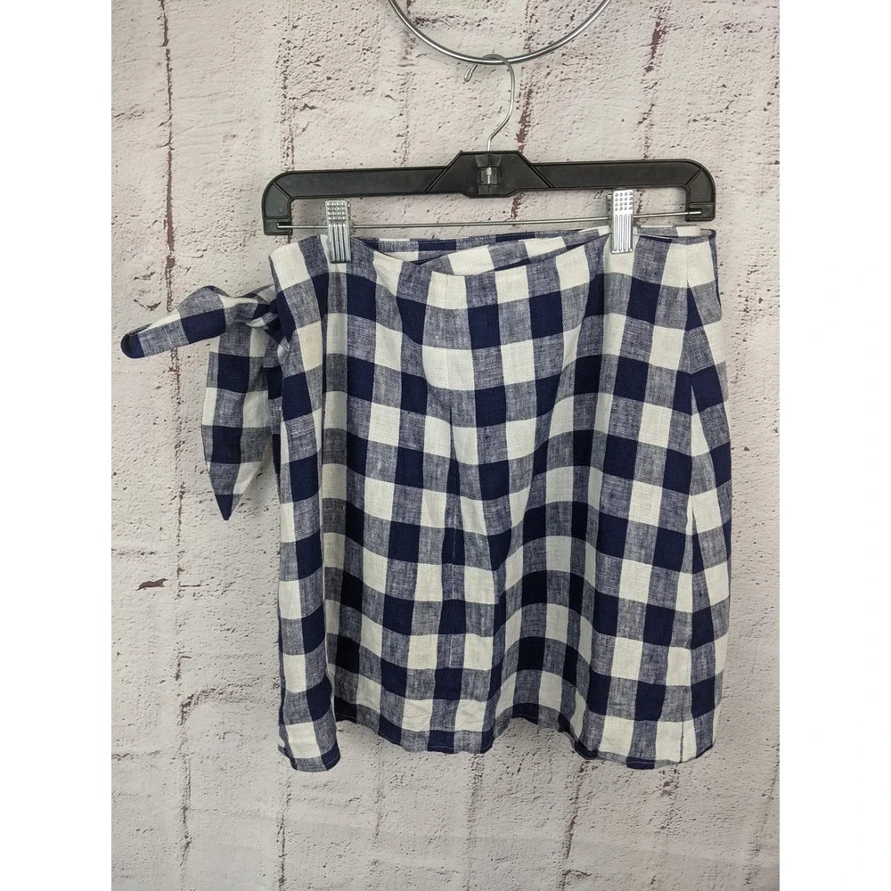 Reformation Sax Linen Wrap Mini Skirt Navy White Gingham Check Size L